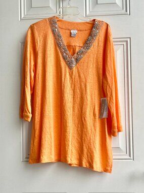 NWT  Linen V-Neck Tunic Chico's size 3 = xl size 16  Embellished